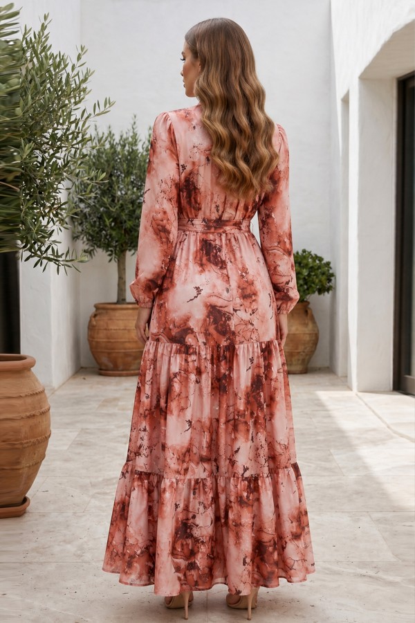 Desenli Tesettür  Jessica Elbise B597 Taba