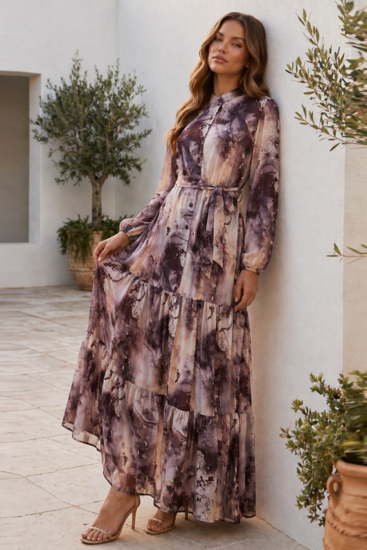 Desenli Tesettür  Jessica Elbise B597 Vizon