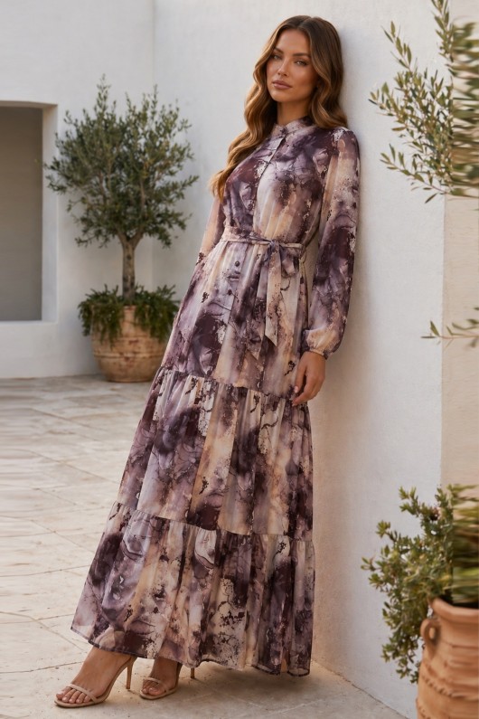 Desenli Tesettür  Jessica Elbise B597 Vizon