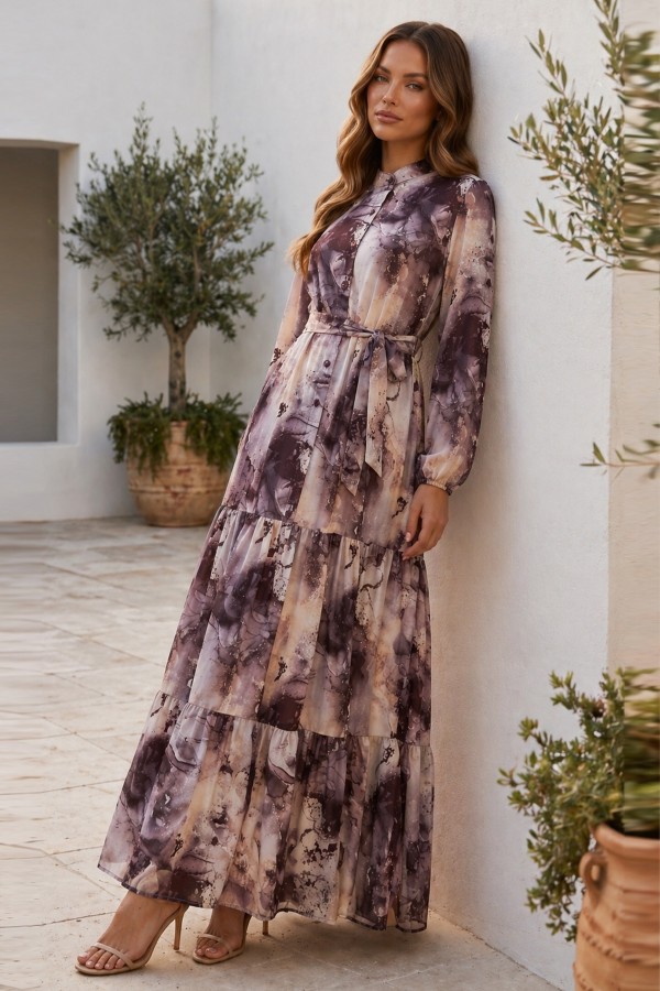 Desenli Tesettür  Jessica Elbise B597 Vizon
