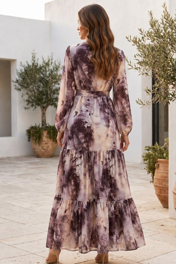 Desenli Tesettür  Jessica Elbise B597 Vizon