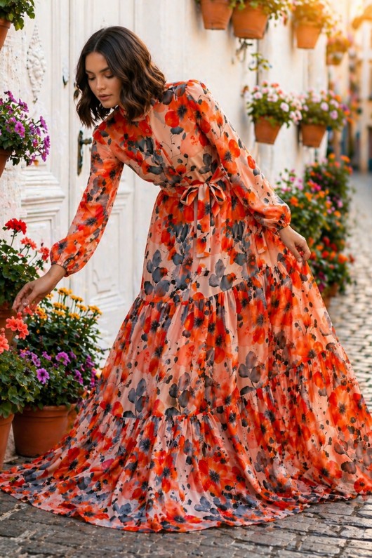 Desenli Tesettür  Jessica Elbise B598 Oranj