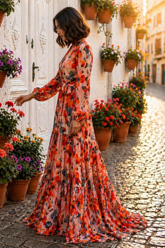 Desenli Tesettür  Jessica Elbise B598 Oranj