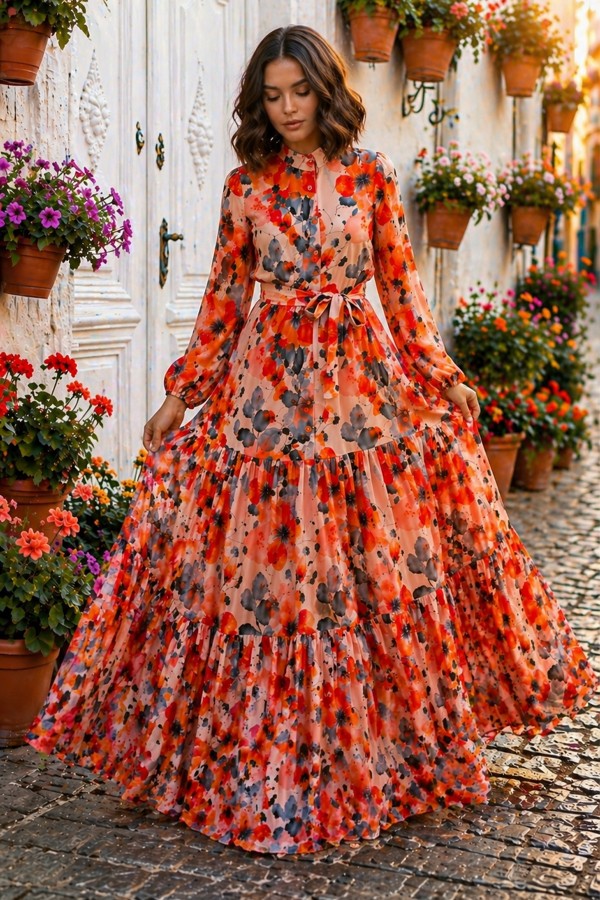 Desenli Tesettür  Jessica Elbise B598 Oranj