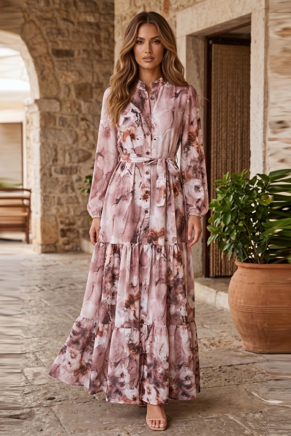 Desenli Tesettür  Jessica Elbise B598 Vizon