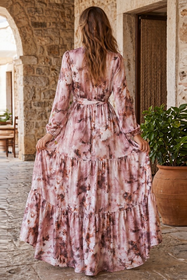 Desenli Tesettür  Jessica Elbise B598 Vizon