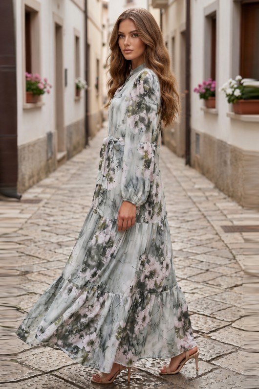 Desenli Tesettür  Jessica Elbise B598 Yeşil