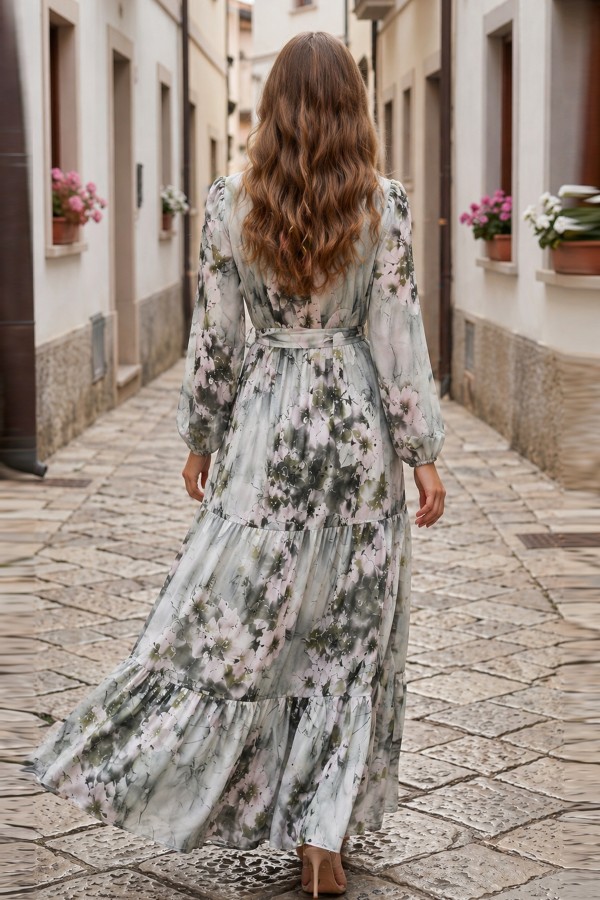 Desenli Tesettür  Jessica Elbise B598 Yeşil