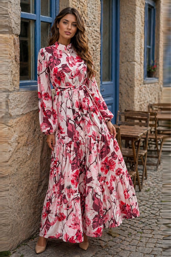 Desenli Tesettür  Jessica Elbise B599 Somon