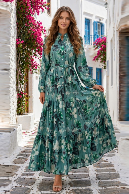 Desenli Tesettür  Jessica Elbise B599 Yeşil