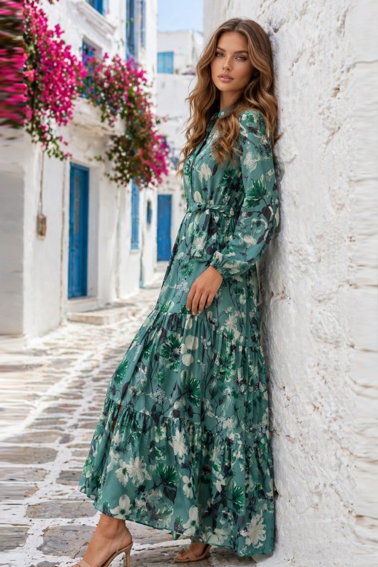 Desenli Tesettür  Jessica Elbise B599 Yeşil