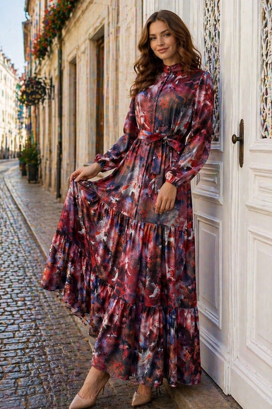 Desenli Tesettür  Jessica Elbise B600 Kiremit