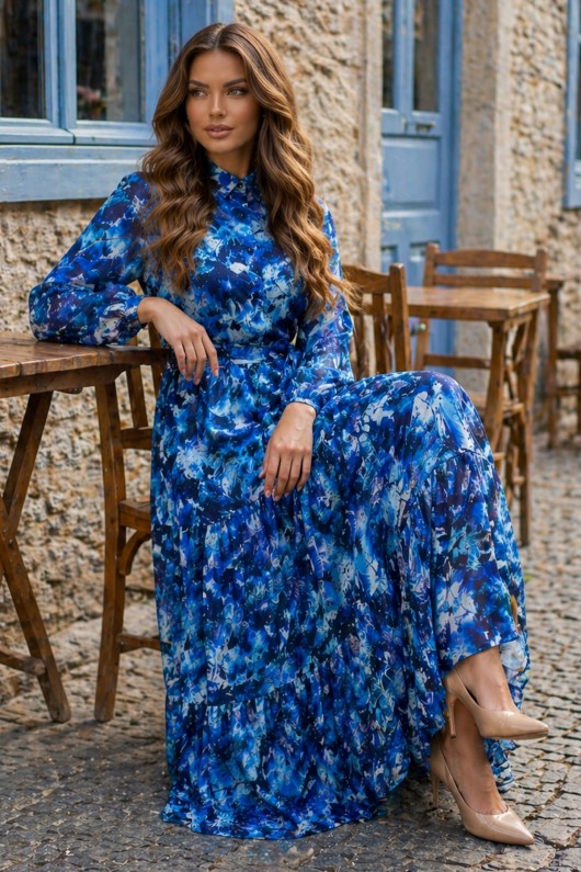 Desenli Tesettür  Jessica Elbise B600 Lacivert