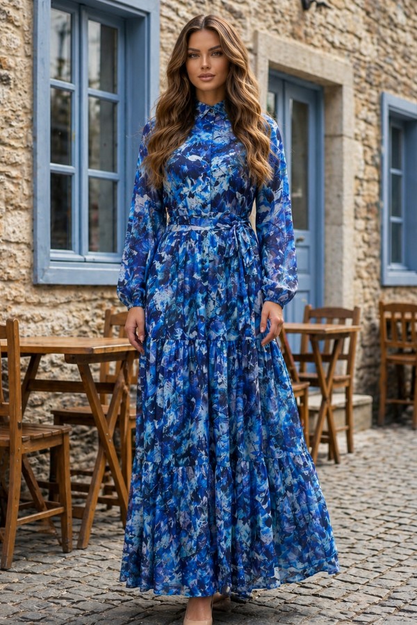 Desenli Tesettür  Jessica Elbise B600 Lacivert