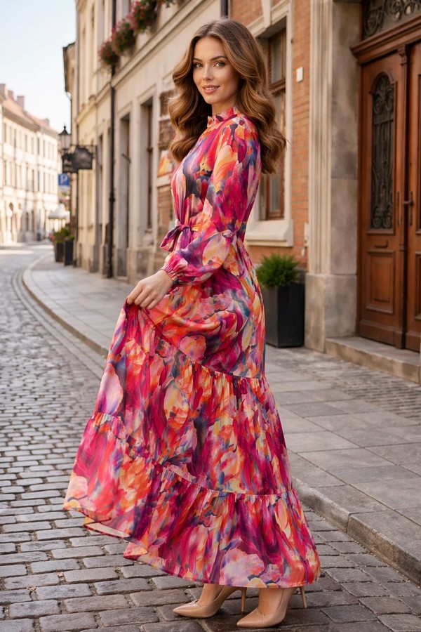 Desenli Tesettür  Jessica Elbise B600 Oranj