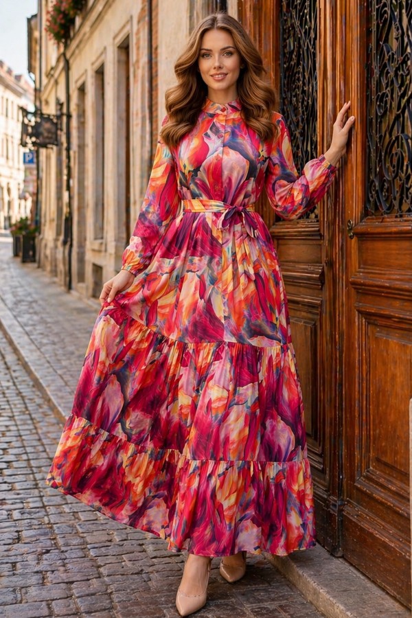 Desenli Tesettür  Jessica Elbise B600 Oranj