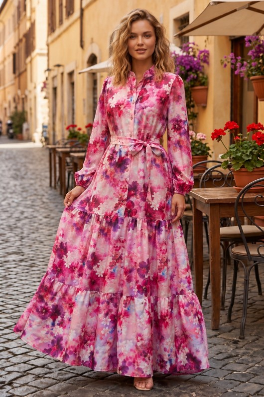 Desenli Tesettür  Jessica Elbise B601 Fuşya