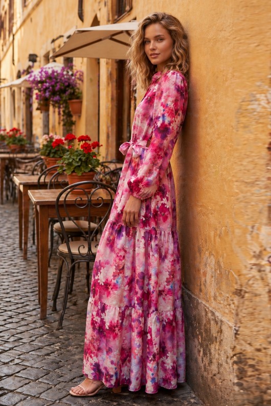 Desenli Tesettür  Jessica Elbise B601 Fuşya