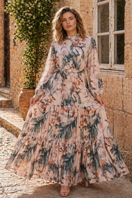 Desenli Tesettür  Jessica Elbise B601 Vizon