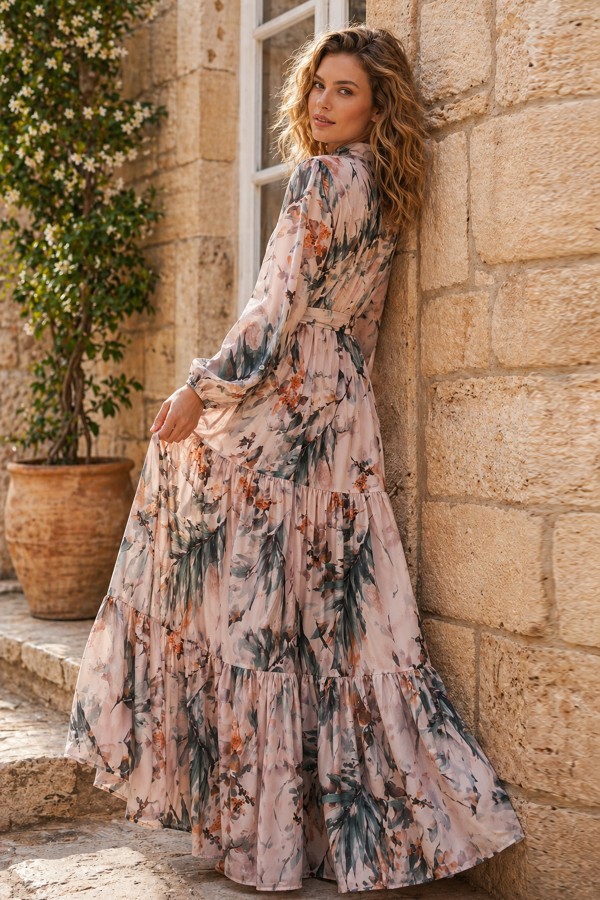 Desenli Tesettür  Jessica Elbise B601 Vizon