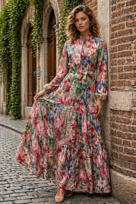 Desenli Tesettür  Jessica Elbise B601 Yeşil