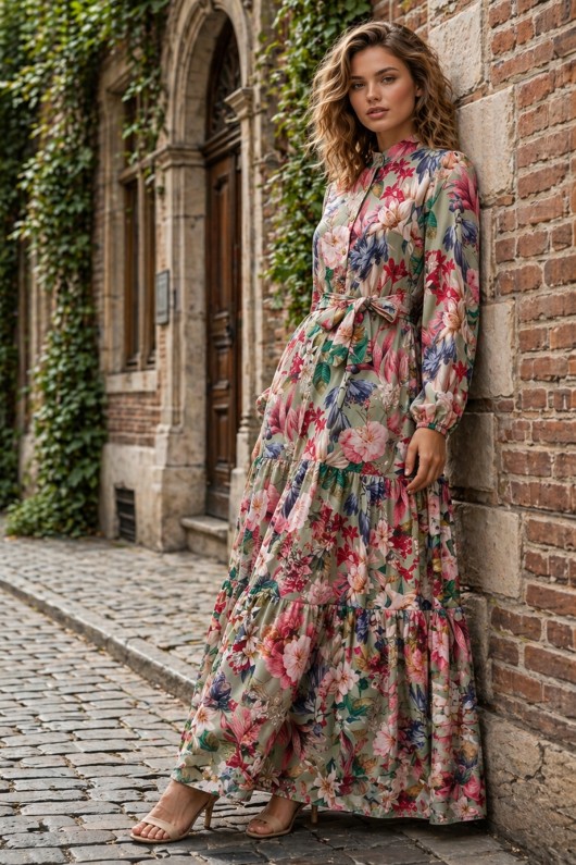 Desenli Tesettür  Jessica Elbise B601 Yeşil