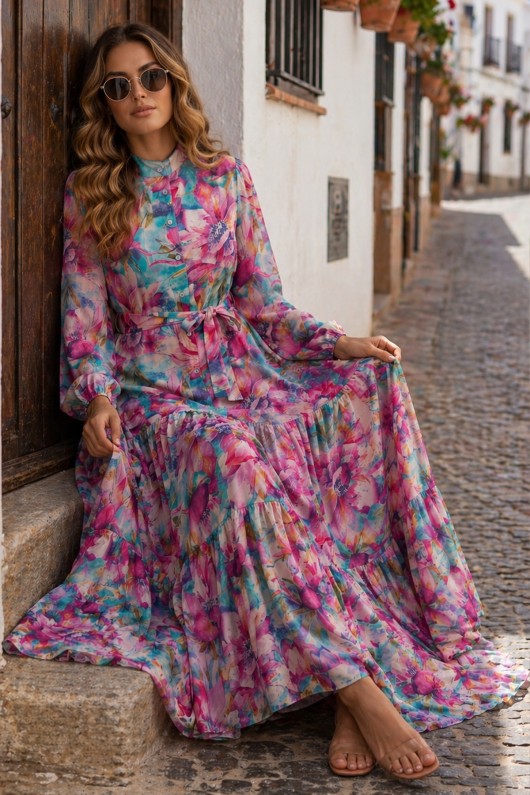 Desenli Tesettür  Jessica Elbise B602 Fuşya