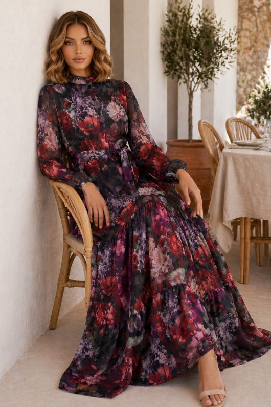 Desenli Tesettür  Jessica Elbise B602 Siyah