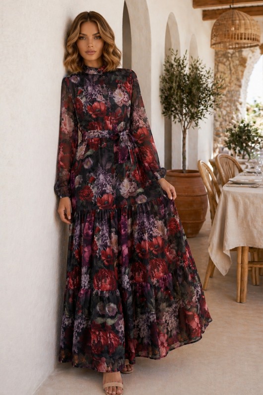 Desenli Tesettür  Jessica Elbise B602 Siyah