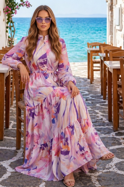 Desenli Tesettür  Jessica Elbise B603 Lila