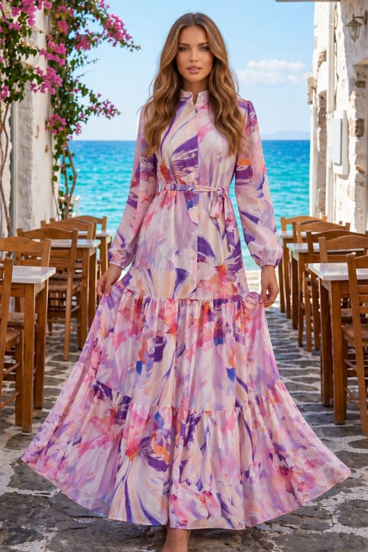 Desenli Tesettür  Jessica Elbise B603 Lila