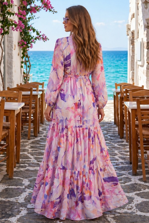 Desenli Tesettür  Jessica Elbise B603 Lila