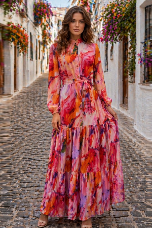 Desenli Tesettür  Jessica Elbise B603 Oranj