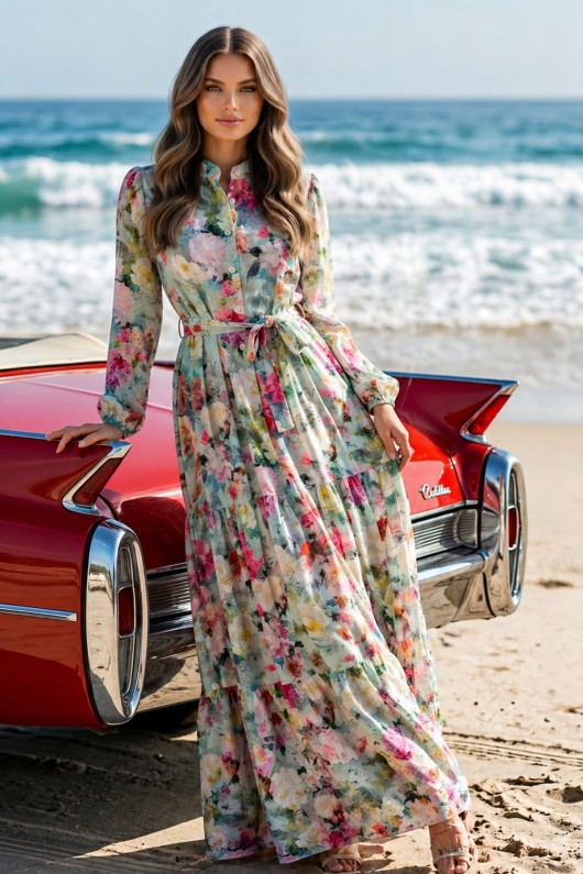 Desenli Tesettür  Jessica Elbise B604 Mint Yeşili