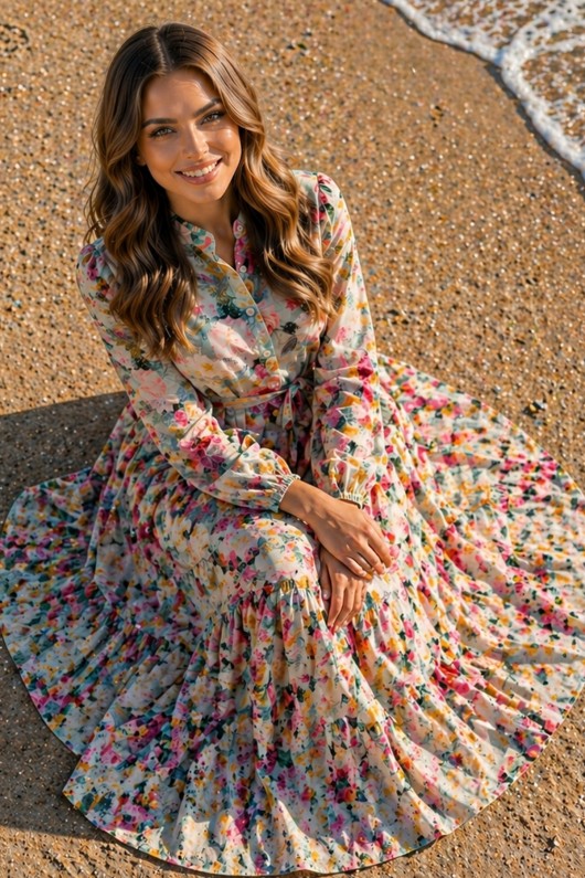 Desenli Tesettür  Jessica Elbise B604 Mint Yeşili