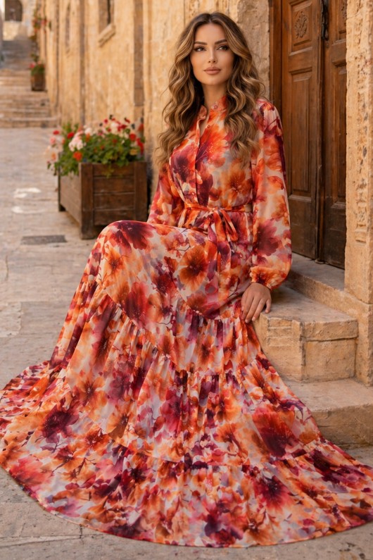 Desenli Tesettür  Jessica Elbise B604 Oranj