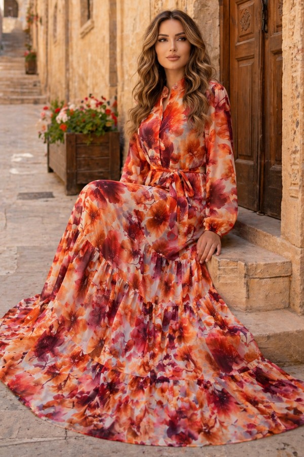 Desenli Tesettür  Jessica Elbise B604 Oranj