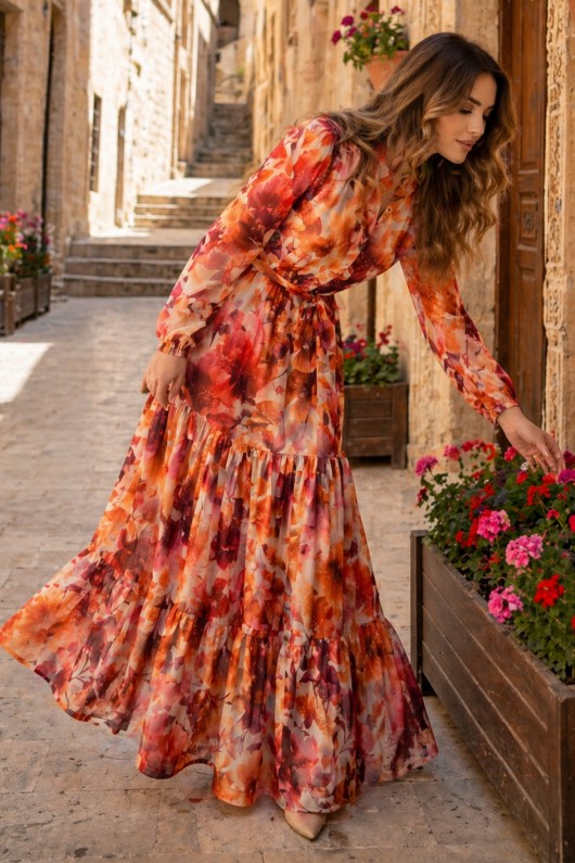 Desenli Tesettür  Jessica Elbise B604 Oranj