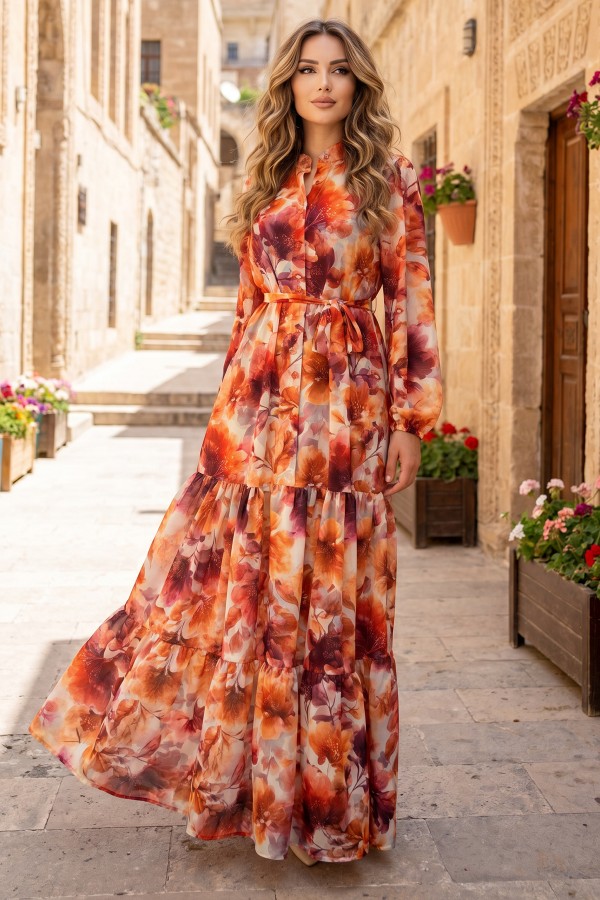 Desenli Tesettür  Jessica Elbise B604 Oranj
