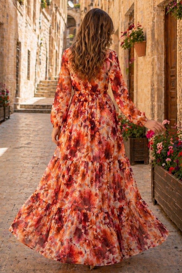 Desenli Tesettür  Jessica Elbise B604 Oranj