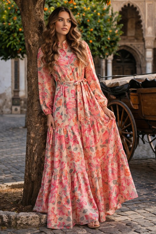 Desenli Tesettür  Jessica Elbise B604 Pembe