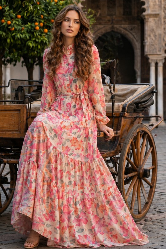 Desenli Tesettür  Jessica Elbise B604 Pembe