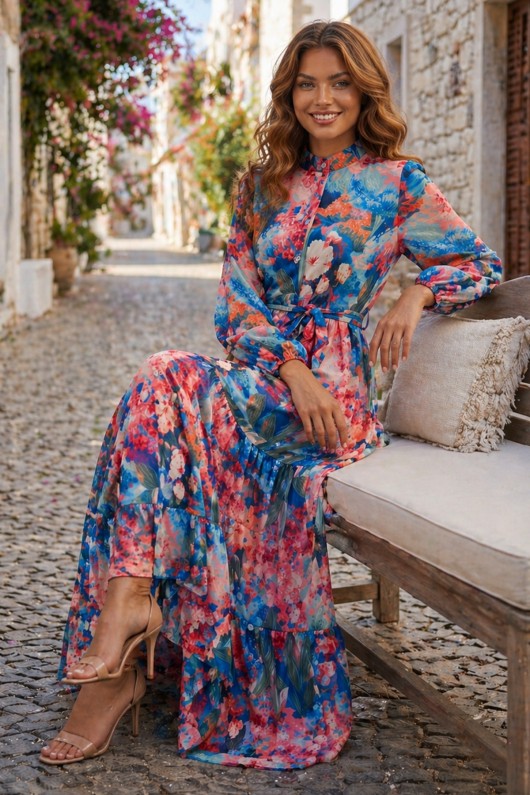 Desenli Tesettür  Jessica Elbise B605 Lacivert