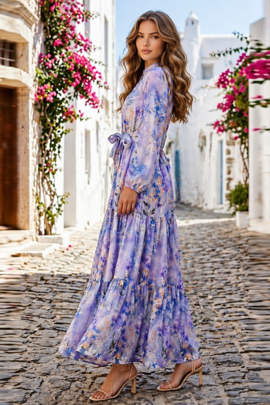 Desenli Tesettür  Jessica Elbise B605 Lila