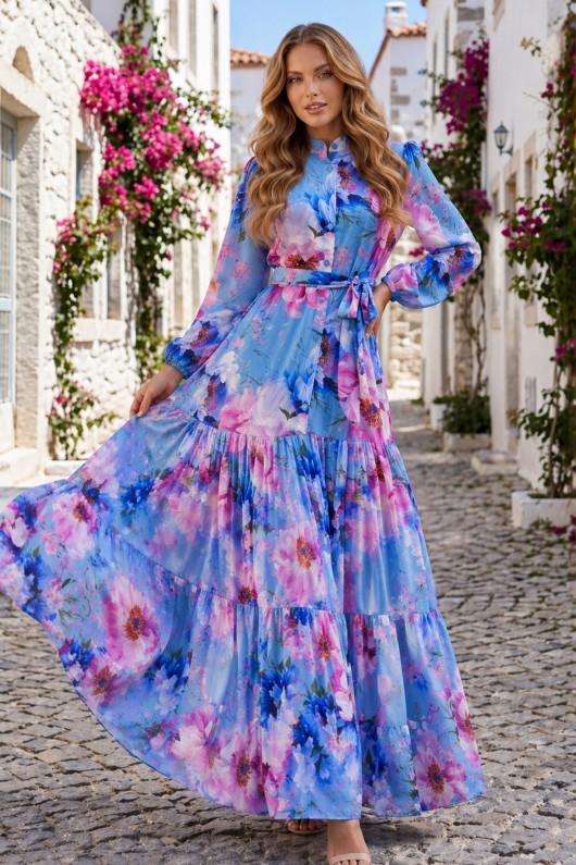 Desenli Tesettür  Jessica Elbise B605 Mavi