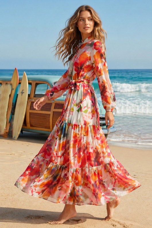 Desenli Tesettür  Jessica Elbise B605 Oranj