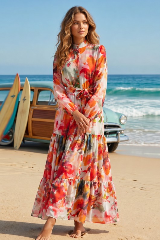 Desenli Tesettür  Jessica Elbise B605 Oranj