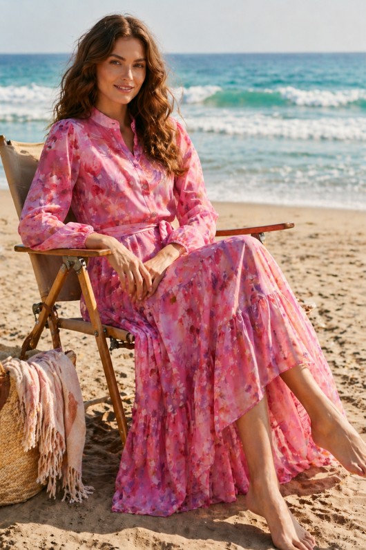 Desenli Tesettür  Jessica Elbise B605 Pembe