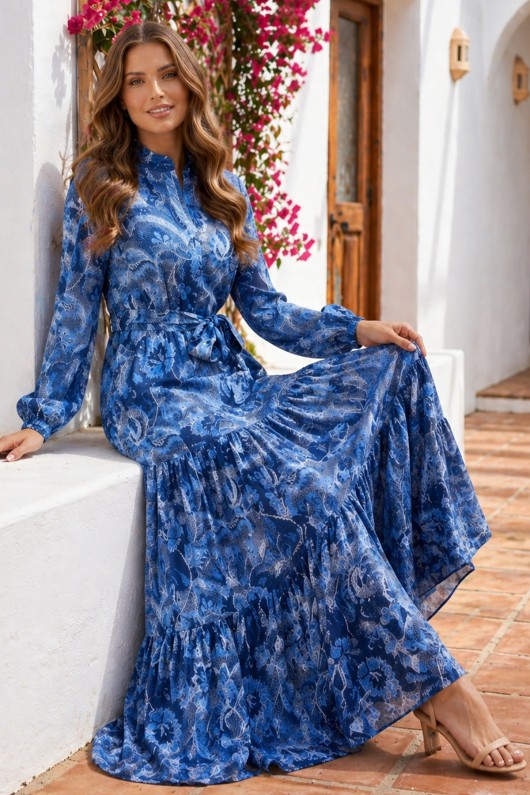 Desenli Tesettür  Jessica Elbise B606 Lacivert