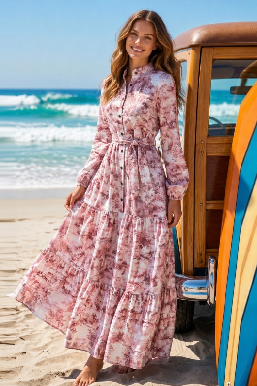 Desenli Tesettür  Jessica Elbise B606 Pudra